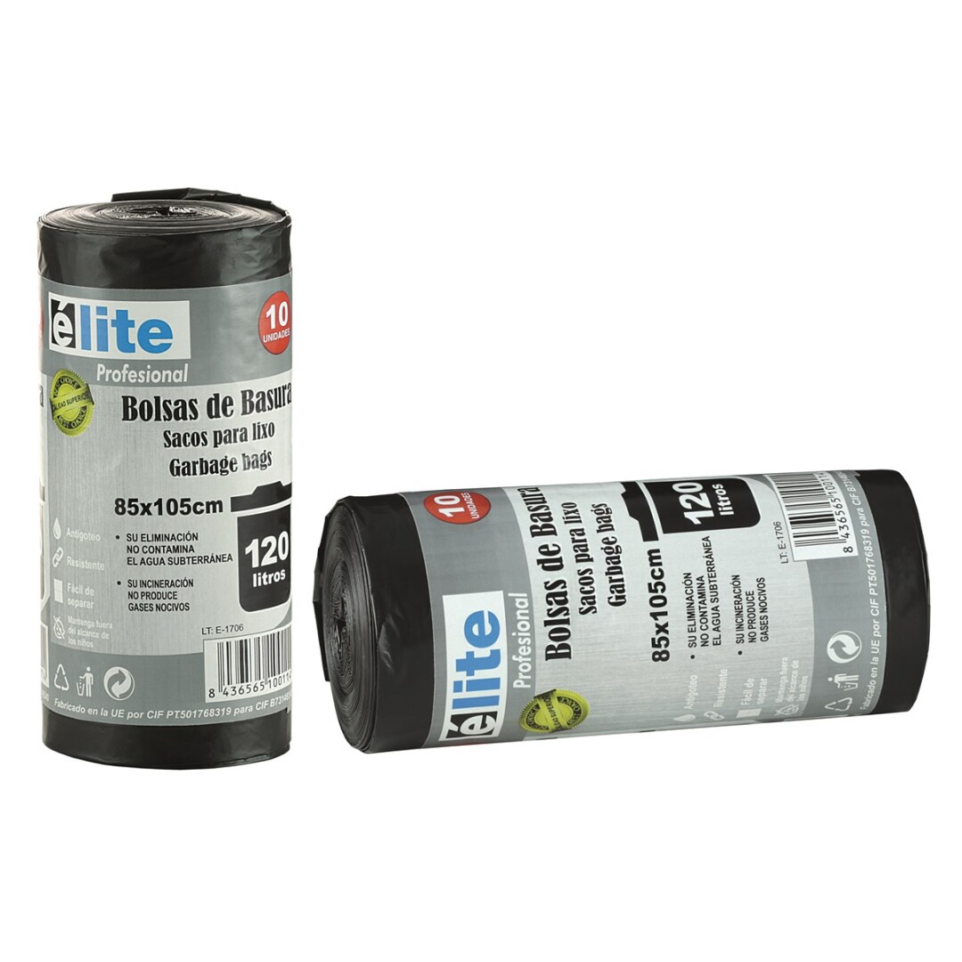 Rollo 10 bolsas basura negra 85x105 cm. galga 96 (Cubo 120 lt.)