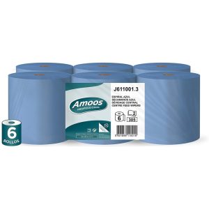 Pack 6 rollos papel secamanos "Amoos" doble capa azul 305 s.