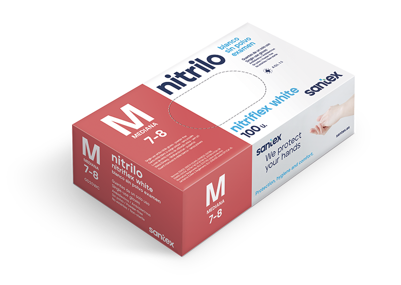Estuche 100 guantes nitrilo blanco sin polvo "Santex" 3,5 gr.