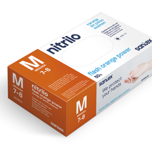 Estuche 50 guantes nitrilo naranja diamantado sin polvo 8,4 gr. "Santex"