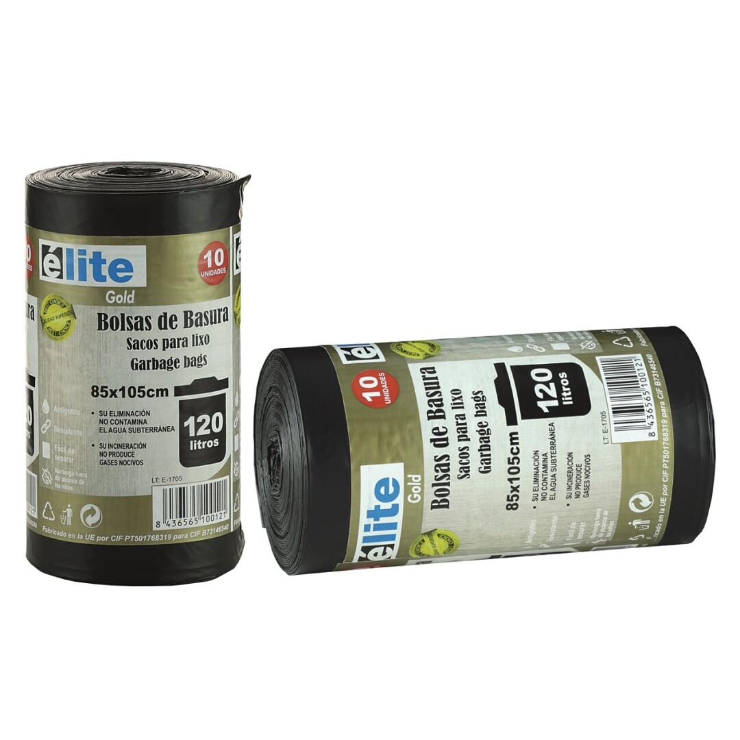 Rollo 10 bolsas basura negra 85x105 cm. galga 120 (Cubo 120 lt.)